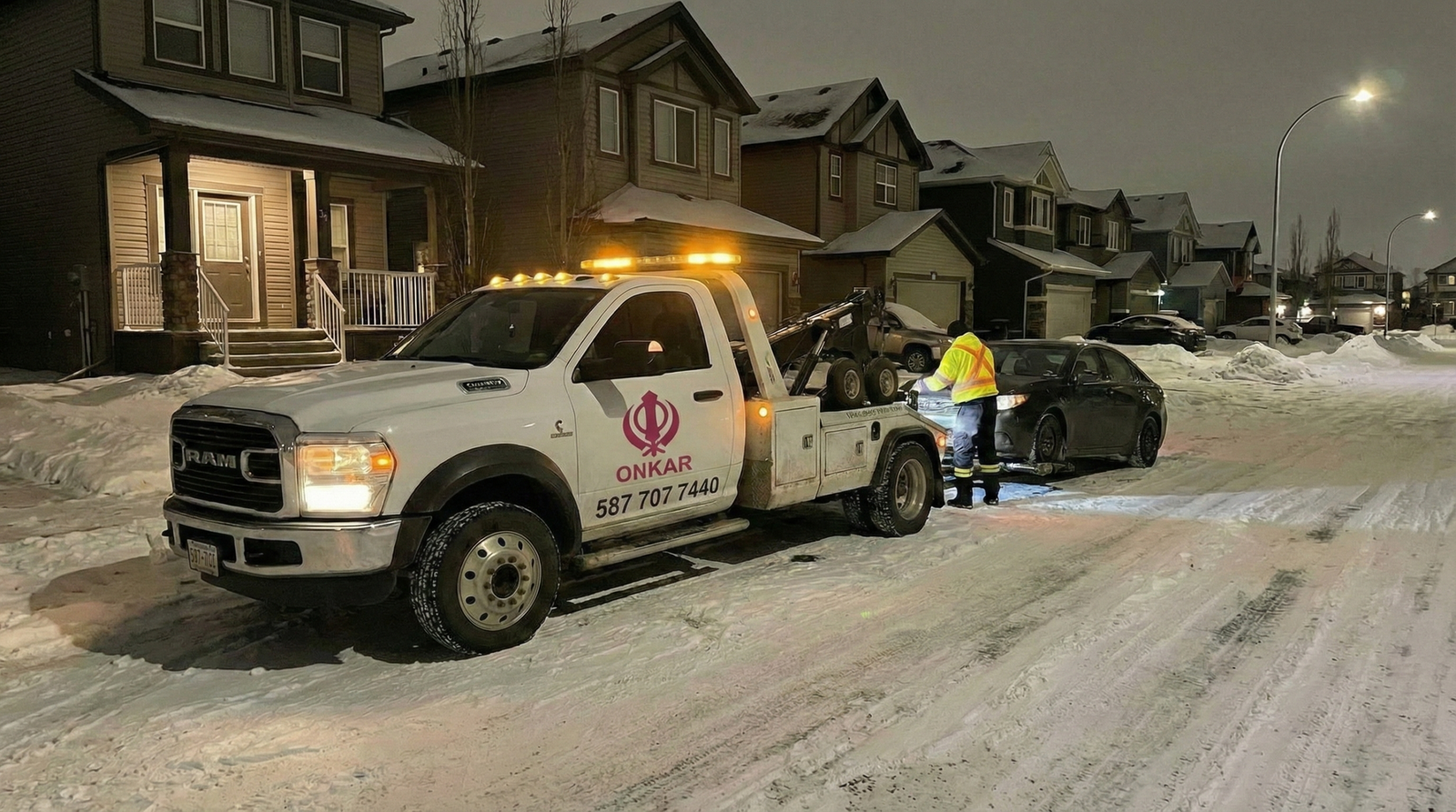 Winter emergency tow truck providing roadside assistance in Calgary